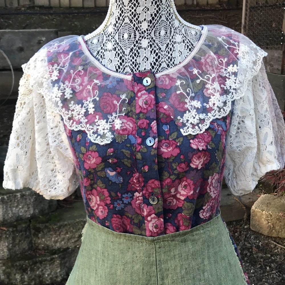 Vintage Laura Ashley milkmaid cotton wool blend flannel lace puff sleeve dress